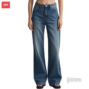 High Waisted Wide Leg Denim Jeans, Straight Leg Loose Fit Pants